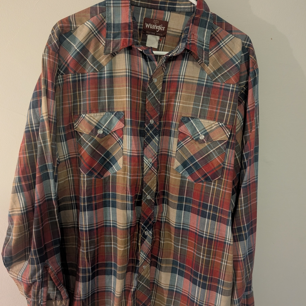 Wrangler Men's Plaid Button-Down Shirt in Red, Blue & Tan